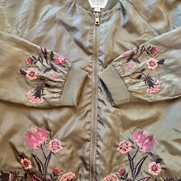 Guess Bomber Jacket Womens M Green Pink Floral Embroidered Shiny Boho Chic Y2K - Picture 2 of 15